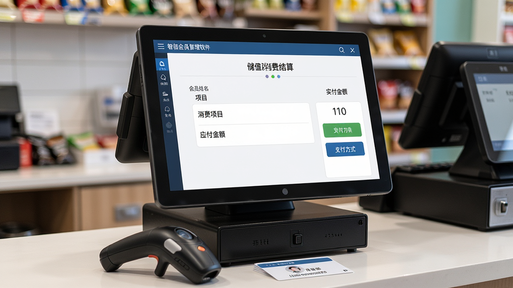 一张展示智信会员管理软件收银结算界面的场景图,画面中央是收银电脑屏幕,屏幕上显示储值消费结算页面,包含会员姓名、消费项目、应付金额、实付金额与支付方式选择按钮,屏幕前方有扫码枪与会员卡,背景是门店收银台环境,风格为写实商务摄影风,细节丰富,画质清晰,干净无多余元素