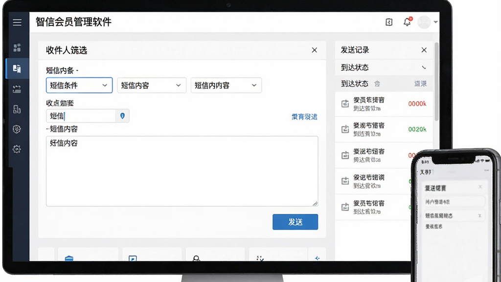 一张展示智信会员管理软件短信营销模块的界面截图,画面中央是短信编辑页面,包含收件人筛选条件、短信内容编辑框与发送按钮,右侧显示发送记录列表与到达状态,整体布局为上下结构,风格为清爽浅色商务风,屏幕旁边放着一部手机,细节清晰,画质干净,无多余元素