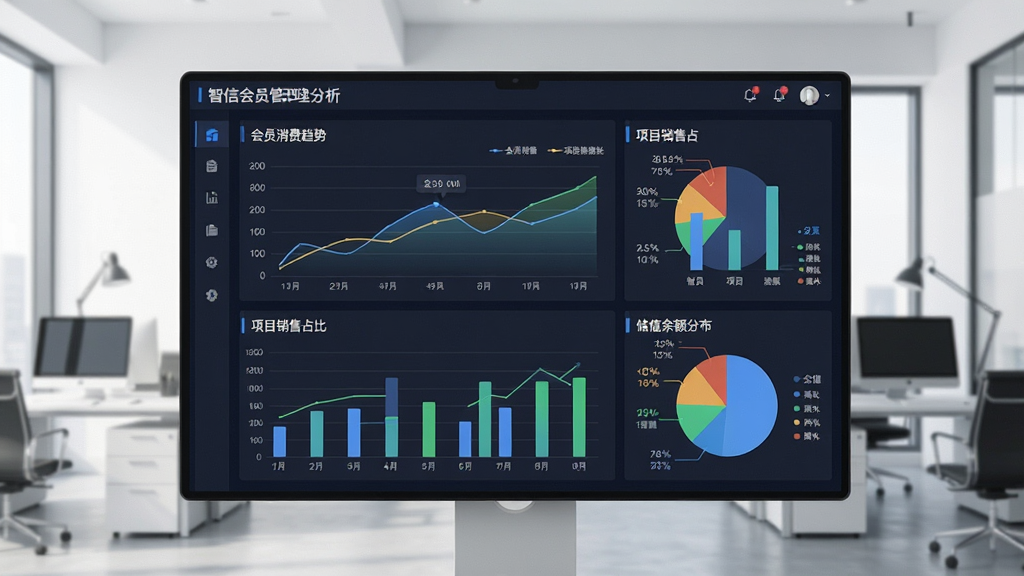 一张展示智信会员管理软件经营报表分析界面的截图,画面中央是数据看板,包含折线图、柱状图与饼图,展示会员消费趋势、项目销售占比与储值余额分布,整体布局为仪表盘式网格结构,风格为现代数据可视化商务风,背景是干净的办公室环境,细节丰富,画质清晰,无多余元素