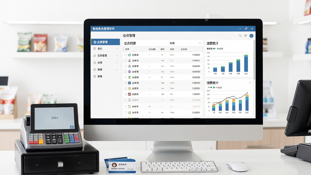 一张展示智信会员管理软件主界面的电脑屏幕截图,画面中央是软件操作界面,左侧为会员管理菜单栏,右侧显示会员档案列表与消费统计图表,整体布局清晰整洁,风格为现代商务简约风,屏幕前方摆放着一台收银机与会员卡,背景是明亮整洁的门店前台环境,细节丰富,画质清晰,干净无多余元素