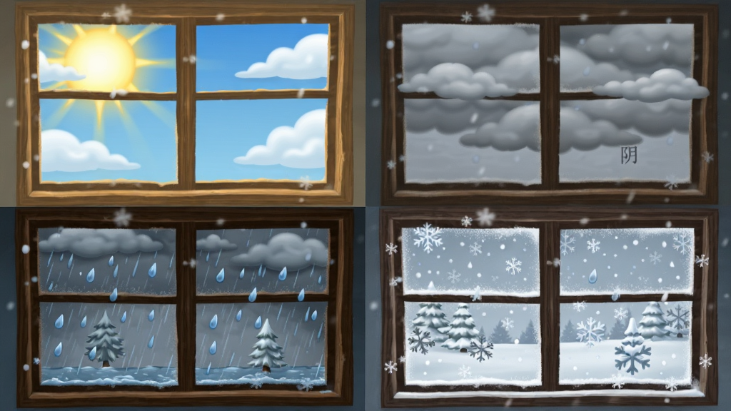 ��������YoWindow��������ͬһ�����򳡾������ֲ�ͬ�����µ��Ĺ���Ա�ͼ���������졢�������졢�������졢����ѩ�죬����Ϊ2x2�����Ű��������������дʵ�廭��ϸ�ڰ�����Ρ�ѩ�����Ʋ�͹�Ӱ�仯�����ʸ���ɾ����������޶���Ԫ��