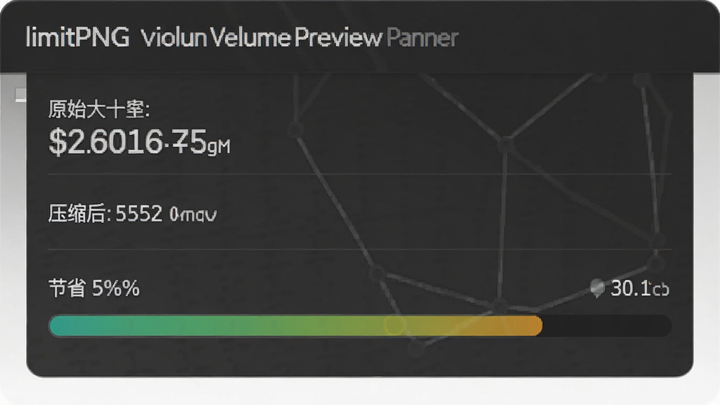 一张展示limitPNG体积预览面板的图片,主体为软件界面中的体积对比区域,布局为上下信息栏排版,风格为简约数据可视化风,细节包含原始大小数值、压缩后大小数值、节省百分比、彩色进度条,画质高清,干净,无多余元素