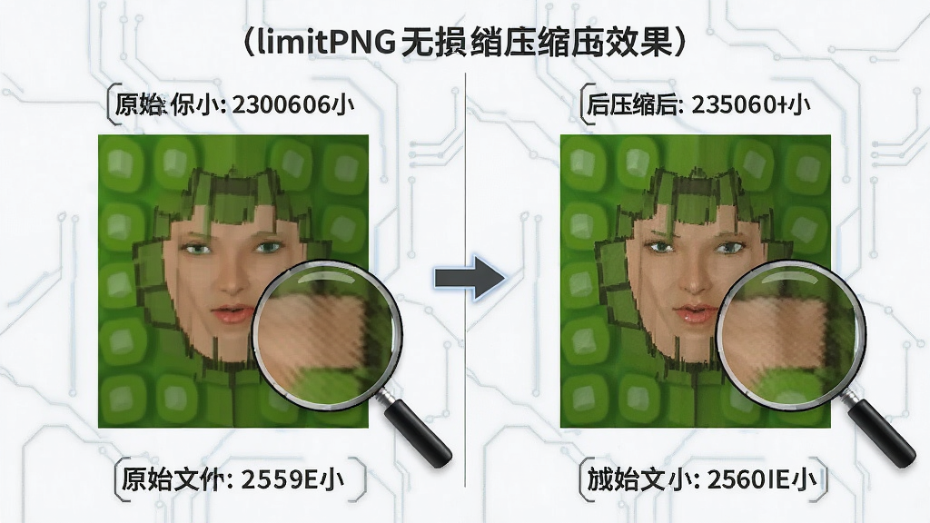 一张展示limitPNG无损压缩效果的对比图,主体为左右两张相同的PNG图片,左侧标注原始文件大小,右侧标注压缩后文件大小,布局为左右对比排版,风格为简洁科技感,细节包含体积数字、箭头指示、画质细节放大镜效果,画质高清,干净,无多余元素