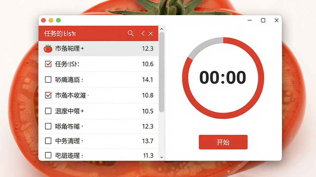 一张展示番茄土豆软件主界面的图片,画面中央是软件窗口,左侧显示任务列表,右侧显示番茄钟倒计时圆环,整体配色为红白相间,风格简洁清新,细节包括任务勾选框、时间数字、开始按钮,画质清晰,干净,无多余元素