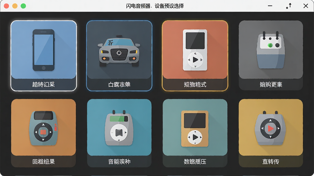 闪电音频格式转换器设备预设选择界面,主体为软件中的设备图标选择面板,布局为网格状排列多个设备图标,包含手机、车载、播放器等,排版对称美观,风格为彩色扁平化图标设计,细节有选中状态高亮效果、设备名称标签,画质清晰,画面干净无杂乱