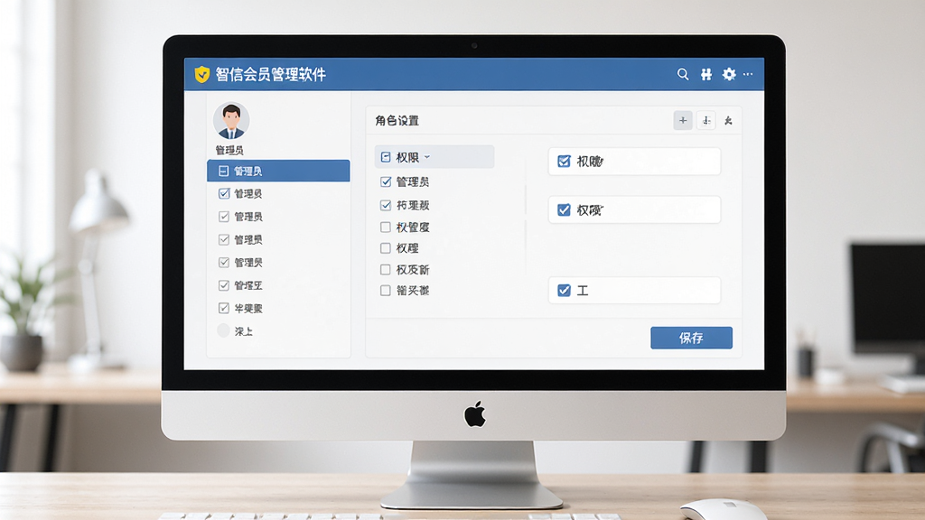 软件名称智信会员管理软件,主体为一台台式电脑显示器展示权限设置界面,布局为居中屏幕、左侧角色列表、右侧权限勾选框,排版规整,风格为简洁后台管理风格,细节包括管理员头像、复选框、保存按钮,画质高清,干净,无多余元素