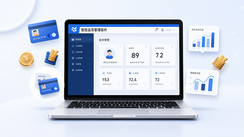 软件名称智信会员管理软件,主体为一台打开的笔记本电脑屏幕显示会员管理后台界面,布局为居中构图,屏幕周围环绕会员卡图标、积分符号、数据图表等悬浮元素,排版清晰有序,风格为现代商务科技风,细节包括蓝色主色调、简洁的UI卡片、柔和阴影,画质高清,干净,无多余元素