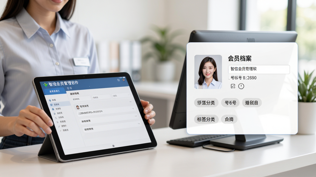 软件名称智信会员管理软件,主体为一位店员正在使用平板电脑录入会员信息,布局为左侧人物操作、右侧浮现会员档案卡片,排版左右平衡,风格为清新写实办公场景,细节包括会员头像、手机号字段、标签分类、柔和自然光,画质高清,干净,无多余元素