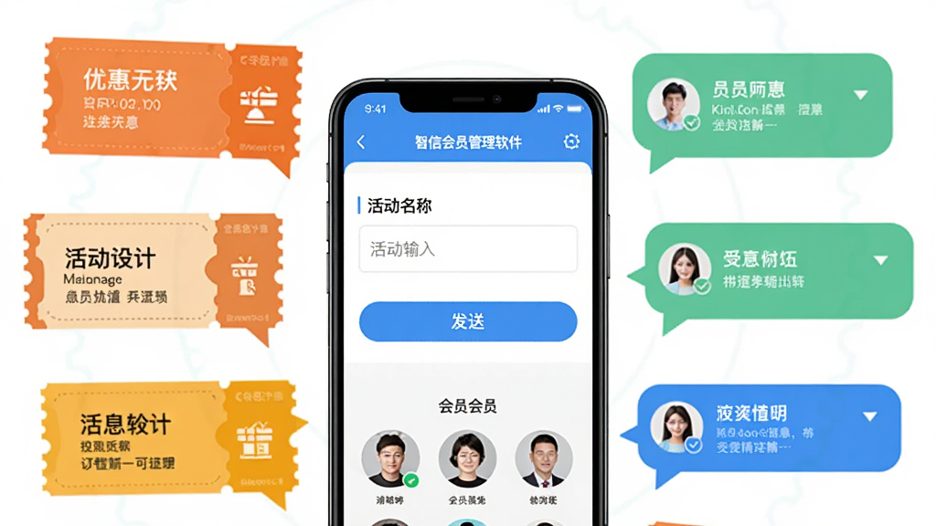 软件名称智信会员管理软件,主体为一部智能手机展示营销活动编辑页面,布局为手机居中、周围环绕优惠券和消息气泡,排版环绕式,风格为扁平化移动互联网风格,细节包括活动名称输入框、发送按钮、会员头像列表,画质高清,干净,无多余元素