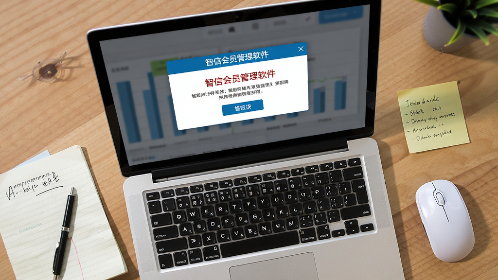 软件名称智信会员管理软件,主体为一台笔记本电脑屏幕显示错误提示弹窗,旁边有鼠标和手写笔记,布局为桌面俯视角度,排版自然,风格为写实办公问题解决场景,细节包括弹窗文字、笔记本、笔、便签,画质高清,干净,无多余元素