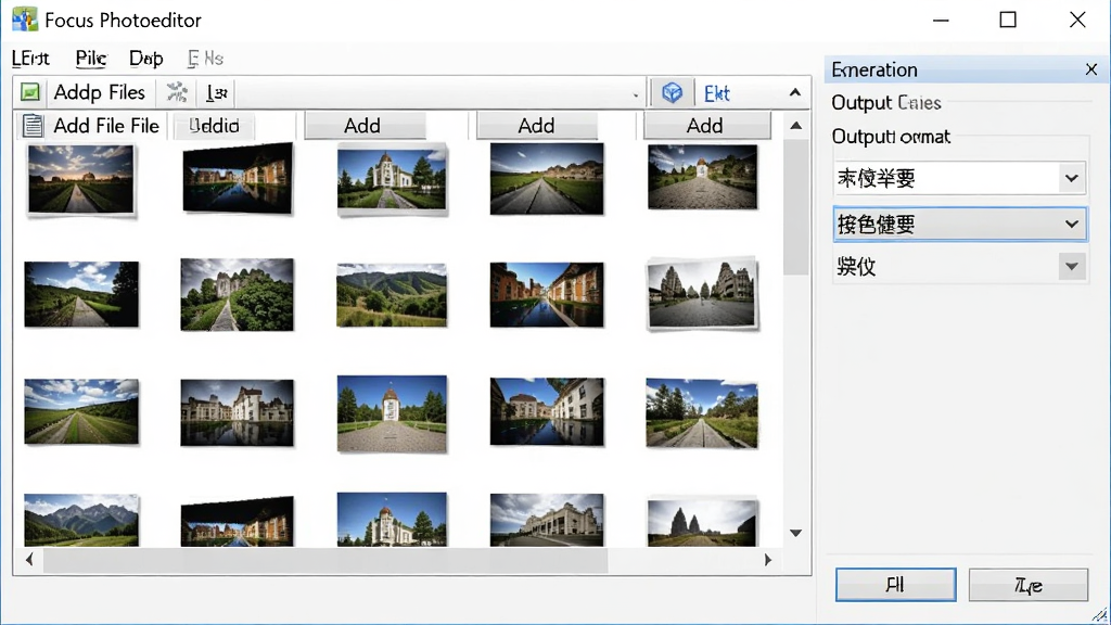 Focus Photoeditor批量处理窗口界面,画面主体是软件中显示多个图片文件列表和批量操作选项面板。布局采用典型的Windows对话框样式,背景是干净的白色工作区。风格实用简洁,细节上要体现文件列表、添加文件按钮和输出格式下拉菜单,画质清晰,画面干净无多余元素