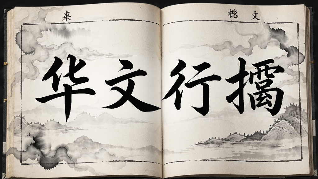 画面主体为“华文行楷”四个大字,采用行楷书法风格,字体呈现于一本翻开的古籍页面上,布局居中,风格为古风雅致,细节上展现墨迹在纸张上的晕染效果,画质细腻,色彩以黑白灰为主,干净无杂物。