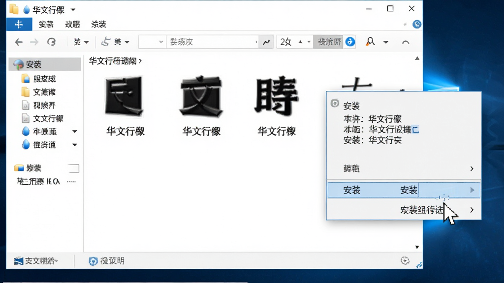 一张展示在Windows电脑上安装华文行楷字体的操作界面截图风格图,画面主体是一个电脑屏幕,屏幕上显示着字体文件夹和右键安装菜单,布局为标准的Windows资源管理器窗口,风格为写实科技风,细节上鼠标指针正指向“安装”选项,画质清晰,界面干净无多余图标。