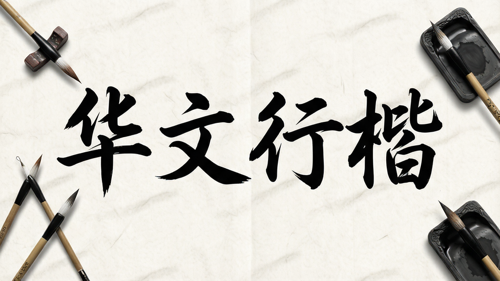 一张展示华文行楷字体全貌的预览图,画面中央是巨大的“华文行楷”四个书法汉字,字体风格为飘逸的行楷,背景是淡雅的宣纸纹理,周围散落着几支毛笔和砚台,布局简洁大方,风格为中国传统水墨风,细节上强调笔锋的转折与墨色的浓淡变化,画质高清,画面干净,无多余元素。
