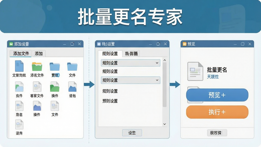 一张展示批量更名专家操作步骤的示意图,画面分为三个区域,左侧为添加文件界面,中间为规则设置面板,右侧为预览与执行按钮,整体布局清晰,带有“批量更名专家”文字标识,风格为扁平化软件教程插图,画质干净,无多余元素