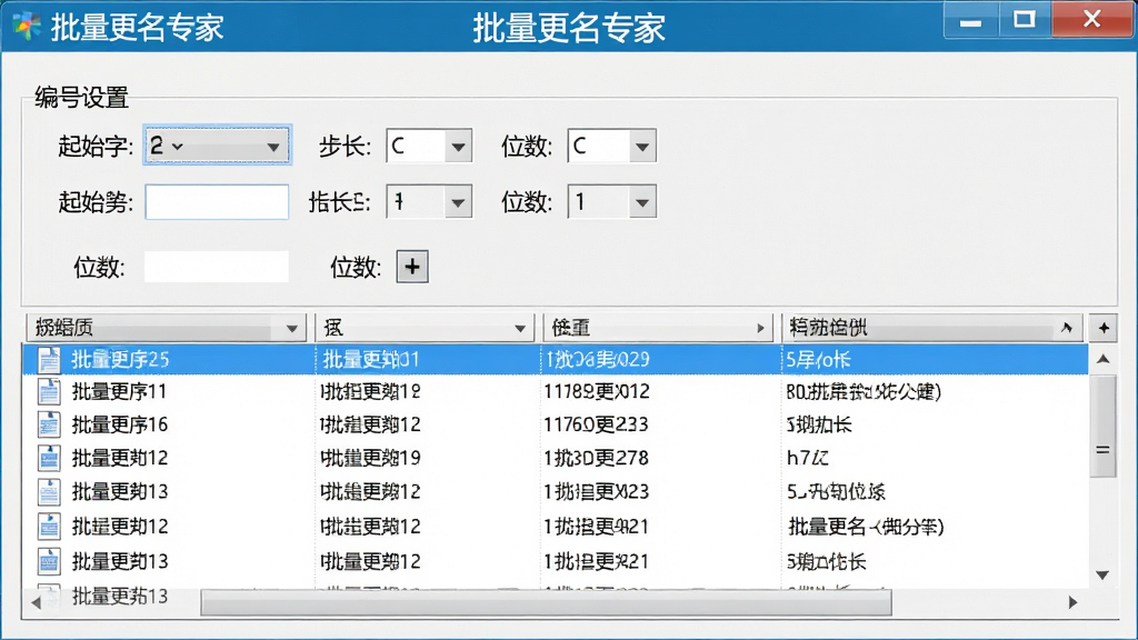 一张展示批量更名专家编号生成功能的图片,画面中软件界面显示编号设置面板,包含起始数字、步长、位数等选项,下方文件列表展示按序编号后的文件名,界面带有“批量更名专家”标识,风格为电脑软件截图,布局清晰,画质干净,无多余元素