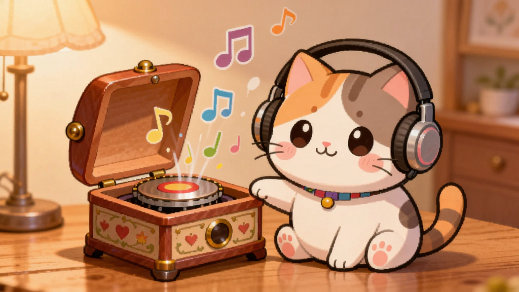 一只可爱的卡通猫咪坐在复古音乐盒旁边,猫咪戴着耳机,音乐盒打开后飘出彩色音符,背景是温馨的暖色调房间,主体居中布局,风格为治愈系插画,细节包括木纹桌面、柔和灯光、漂浮的音符,画质高清,干净,无多余元素