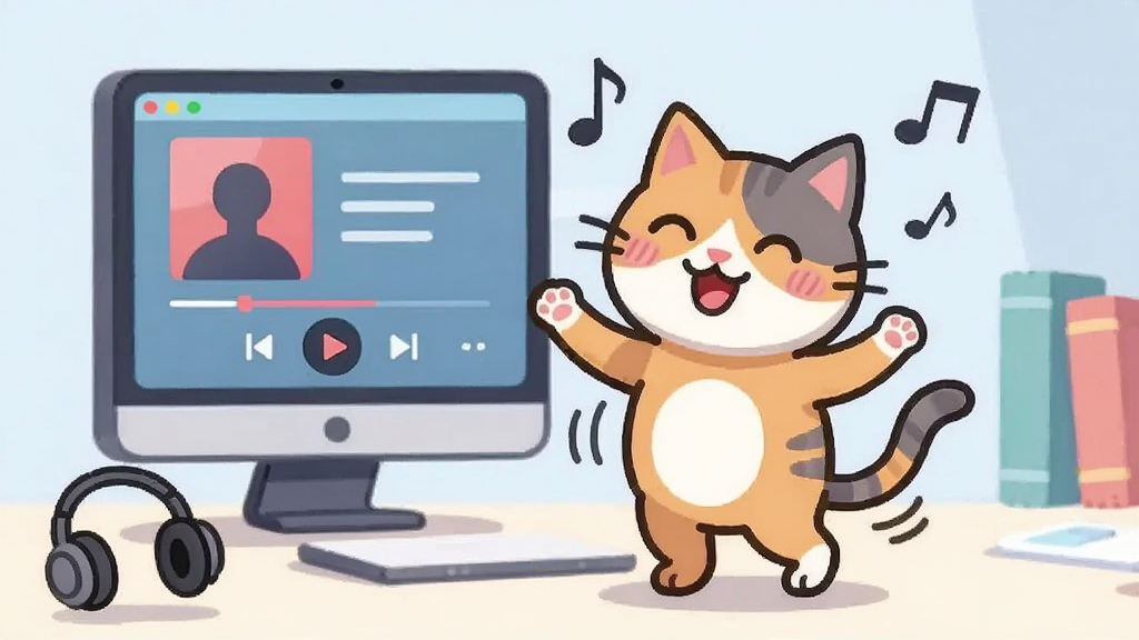一只卡通猫咪在电脑屏幕前随着音乐节奏摇摆,屏幕显示音乐播放界面,猫咪表情开心,背景是书桌场景,主体在画面中央,布局简洁,风格为扁平化卡通,细节包括音符飘动、耳机、播放按钮,画质高清,干净,无多余元素