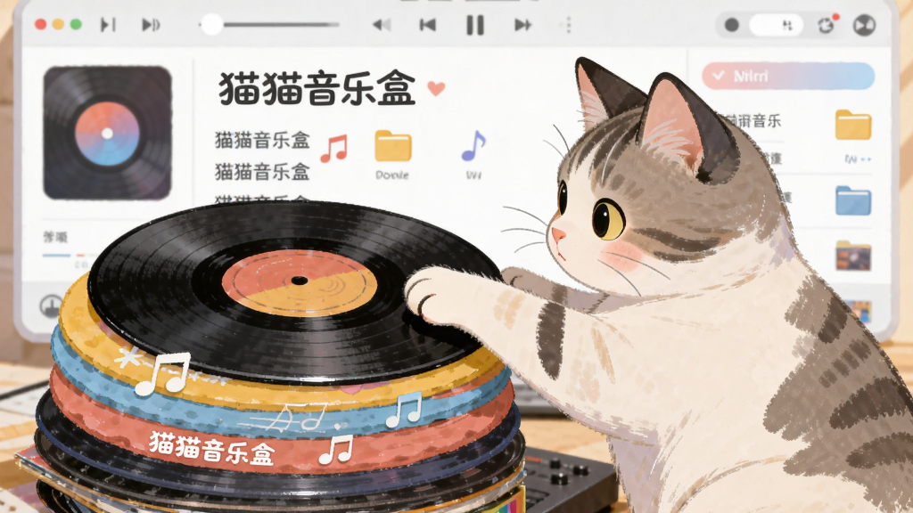 一只猫咪用爪子整理一堆彩色唱片,唱片上写着“猫猫音乐盒”,背景是音乐播放器界面,主体在画面左侧,布局为左右结构,风格为清新插画,细节包括音符、文件夹图标、播放列表,画质高清,干净,无多余元素