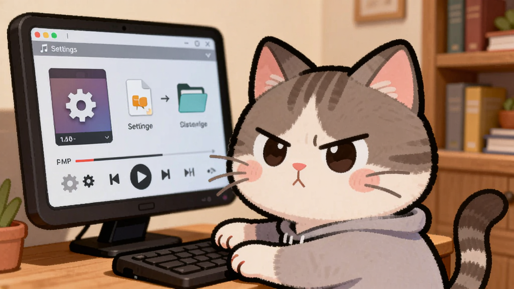 一只卡通猫咪正在操作电脑,屏幕上显示音乐播放器设置界面,猫咪表情认真,背景是温馨书房,主体在画面中央,布局为居中构图,风格为治愈系插画,细节包括设置齿轮、缓存文件夹图标、猫咪爪子,画质高清,干净,无多余元素