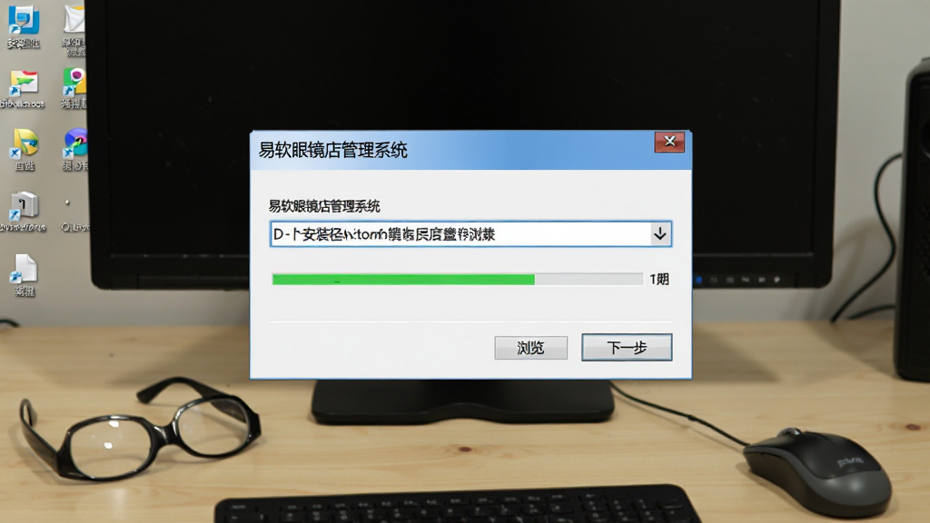 画面展示“易软眼镜店管理系统”安装向导界面,屏幕中央为安装路径选择对话框,路径输入框显示D盘目录,下方有“浏览”与“下一步”按钮,屏幕背景为电脑桌面,桌面上放置眼镜与鼠标,布局采用屏幕特写,风格为写实数码摄影,细节包含中文安装界面文字与进度条,画质清晰干净,无多余元素