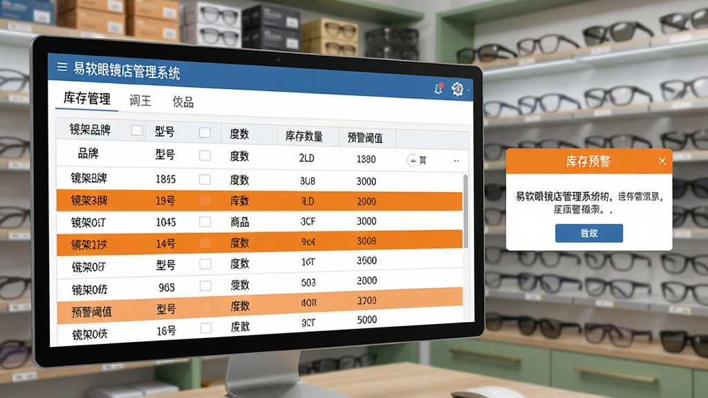 画面展示“易软眼镜店管理系统”库存管理界面,屏幕中央为商品列表表格,表格中列有镜架品牌、型号、度数、库存数量、预警阈值等字段,部分低库存行以橙色高亮标记,屏幕右侧弹出库存预警提示框,背景为眼镜店仓库货架,货架上整齐摆放眼镜盒与镜架,布局采用屏幕特写加环境虚化,风格为写实数码摄影,细节包含中文界面文字与数字,画质清晰干净,无多余元素