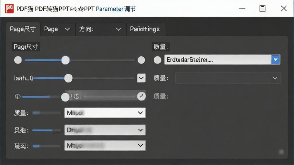 一张展示PDF猫PDF转PPT参数调节界面的图片,主体为设置面板,布局为选项卡式,包含页面尺寸、方向、质量等选项,排版规整,风格为专业工具风格,细节包括滑块和下拉菜单,画质清晰,干净,无多余元素