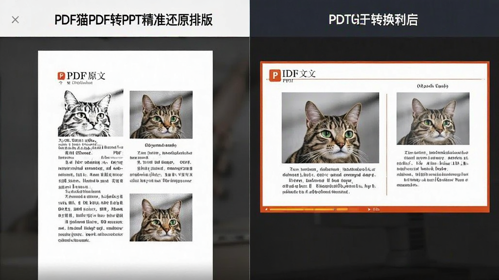 一张展示PDF猫PDF转PPT精准还原排版功能的图片,主体为转换前后对比界面,布局左右分栏,左侧为PDF原文,右侧为转换后的PPT效果,排版工整,风格为商务简约,细节包括文字对齐、图片位置一致,画质清晰,干净,无多余元素