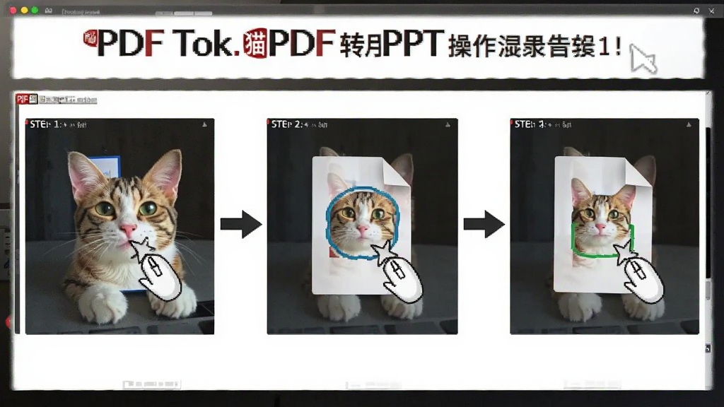 一张展示PDF猫PDF转PPT操作步骤的图片,主体为电脑屏幕录制画面,布局为分步截图,排版为横向流程,风格为教程指引,细节包括鼠标点击和文件拖拽动作,画质清晰,干净,无多余元素