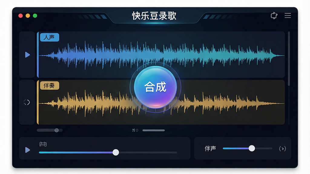 一张展示快乐豆录歌智能伴奏合成功能的图片,画面中软件界面显示音频波形被分为两条轨道,一条标注人声一条标注伴奏,中央有一个醒目的合成按钮,界面风格科技感十足,背景是深色渐变,屏幕中文字显示