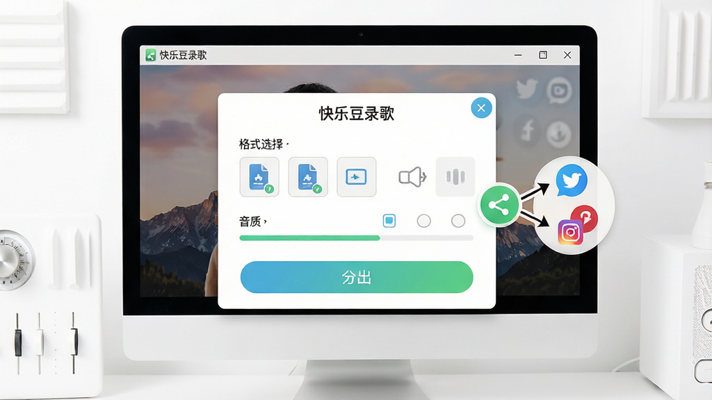 一张展示快乐豆录歌一键导出分享功能的图片,画面中软件界面显示导出对话框,里面有格式选择、音质选项和导出按钮,旁边有分享图标指向社交平台,界面风格清新明亮,背景为白色工作区,屏幕中文字显示