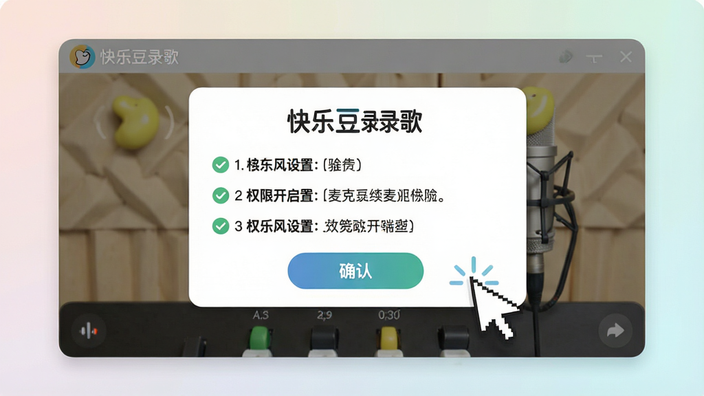 一张展示快乐豆录歌新手操作指引的图片,画面中软件界面弹出提示框,内容为麦克风设置和权限开启步骤,旁边有鼠标指针指向设置按钮,界面风格友好清晰,背景为浅色渐变,屏幕中文字显示