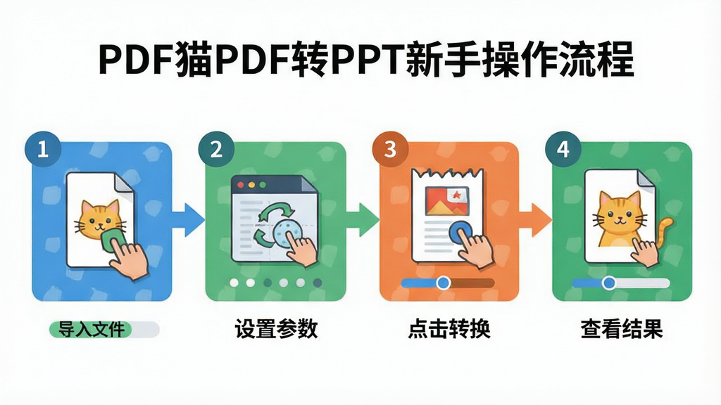 一张展示PDF猫PDF转PPT新手操作流程的示意图,画面以步骤图形式呈现,从导入文件、设置参数到点击转换、查看结果四个步骤依次排列。布局采用横向流程图,风格扁平化插画风,细节包括步骤编号、操作图标和进度指示。画质清晰,画面干净,无多余元素。