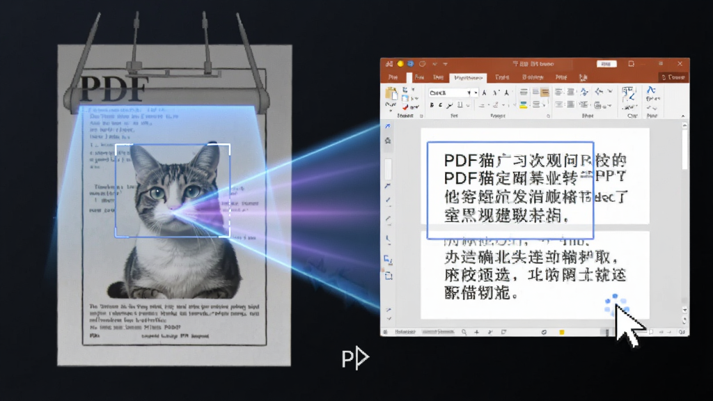 一张展示PDF猫PDF转PPT内容提取功能的示意图,画面中是一份扫描版PDF文档,通过光线扫描效果转化为可编辑的PPT文本框。布局采用左右对比形式,风格科技感十足,细节包括扫描光线、文字识别框和编辑光标。画质清晰,画面干净,无多余元素。