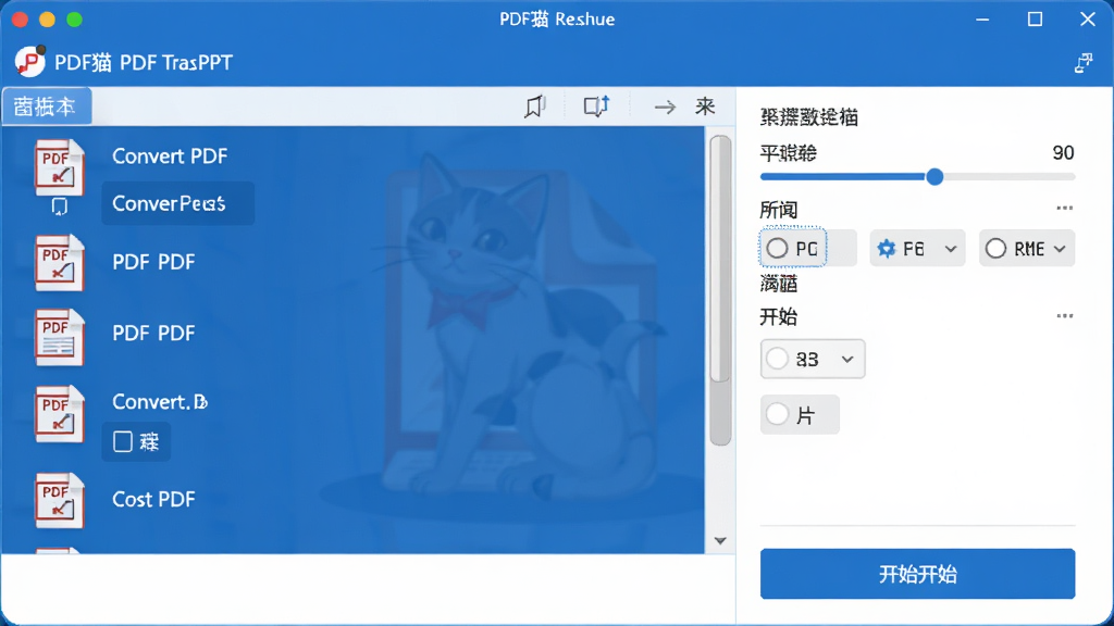 一张展示PDF猫PDF转PPT软件界面的图片,画面中央是软件主窗口,左侧显示待转换的PDF文件列表,右侧是转换参数设置区域,底部有开始转换按钮。整体布局简洁明了,采用蓝白配色方案,风格现代商务,细节包括文件图标、进度条和格式选项。画质清晰,界面干净,无多余元素。