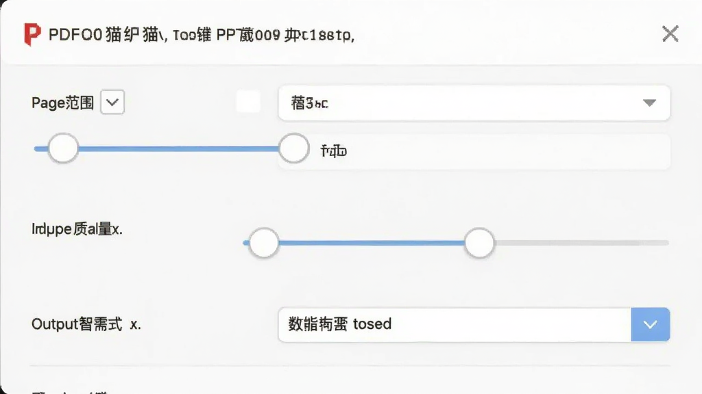 一张展示PDF猫PDF转PPT输出设置界面的图片,画面中是一个设置面板,包含页面范围选择框、图片质量滑块、输出格式下拉菜单等控件。布局采用侧边栏式设计,风格清爽简约,细节包括滑块、复选框和参数标签。画质清晰,界面干净,无多余元素。