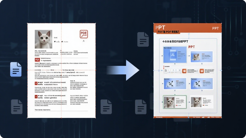 一张展示PDF猫PDF转PPT智能排版还原功能的示意图,画面左侧是一份排版整齐的PDF文档,右侧是对应转换后结构完整的PPT幻灯片,中间用箭头连接表示转换过程。布局左右对称,风格扁平化科技感,细节包括文档图标、幻灯片缩略图和排版线条。画质清晰,画面干净,无多余元素。