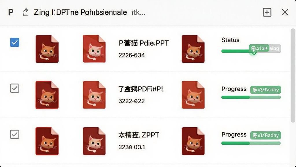 一张展示PDF猫PDF转PPT批量处理功能的图片,画面中显示一个文件列表区域,里面有多个PDF文件图标排列整齐,旁边有勾选框和进度状态指示。布局采用列表式设计,风格简洁高效,细节包括文件名称、大小信息和转换状态标签。画质清晰,界面干净,无多余元素。