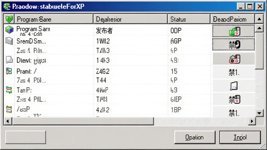 一把刀终极配置ForXP启动项管理界面,主体为启动项列表和操作按钮,布局为上方列表下方操作栏,排版为表格形式,风格为Windows经典列表风格,细节包含程序名称、发布者、状态、启用禁用按钮,画质高清、干净、无多余元素