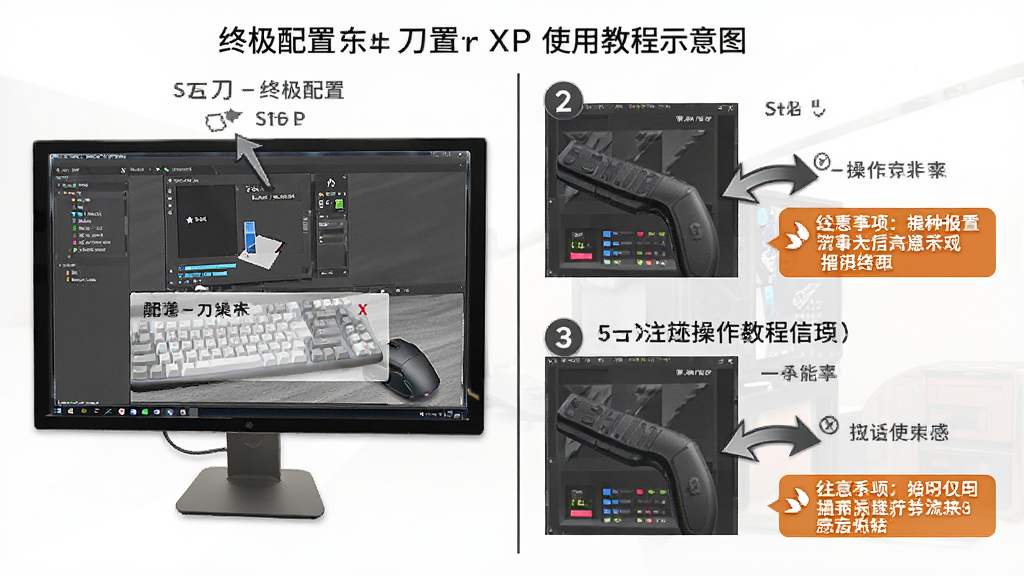 一把刀终极配置ForXP使用教程示意图,主体为电脑屏幕显示软件操作步骤,布局为分步骤图文展示,排版为左右分栏,风格为教程指导风格,细节包含步骤编号、操作箭头、注意事项标注框,画质清晰、干净、无多余元素