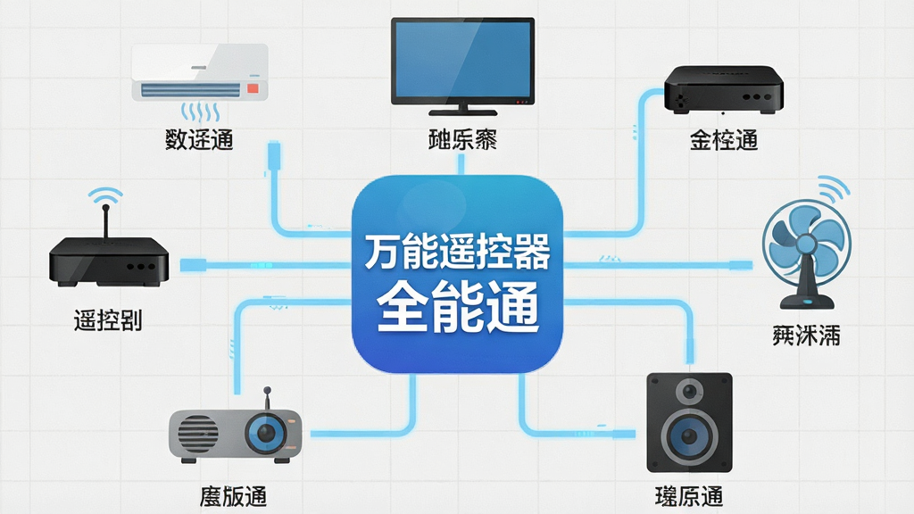 一张信息图表风格的图片,画面中央是“万能遥控器全能通”应用图标,周围环绕着空调、电视、机顶盒、风扇、投影仪、音响等电器图标,图标之间用淡蓝色数据线连接,背景为浅灰色网格,风格为扁平化科技风,细节包括每个电器图标下方标注品牌名称,画质清晰,干净,无多余元素