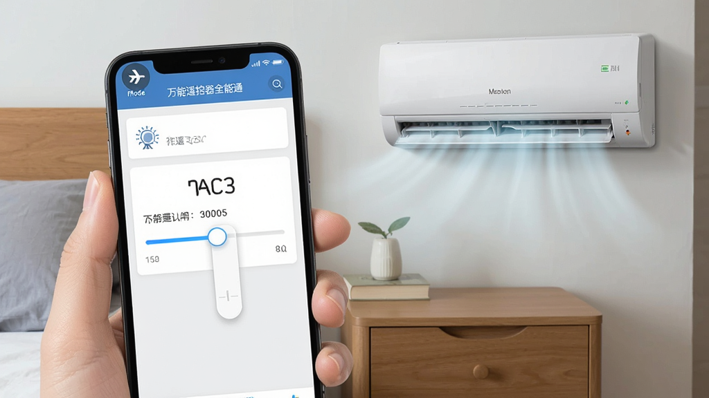 一张展示手机在飞行模式下使用“万能遥控器全能通”控制空调的图片,手机屏幕左上角显示飞行模式图标,应用界面中空调温度调节滑块正在被拖动,背景为卧室床头柜,风格为写实生活风,细节包括空调出风口有冷气飘出,画质清晰,干净,无多余元素