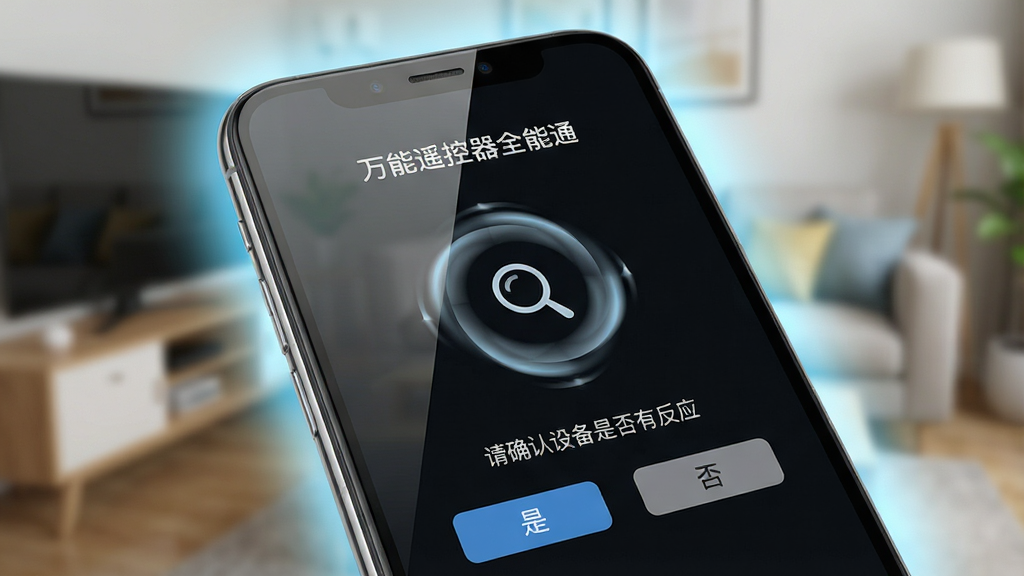 一张手机屏幕特写图,屏幕显示“万能遥控器全能通”的自动匹配界面,界面中央有一个正在旋转的搜索动画,下方有“请确认设备是否有反应”的文字提示和“是/否”按钮,手机周围有淡蓝色光晕,背景为模糊的客厅环境,风格为写实UI展示风,细节包括手机边框和屏幕反光,画质清晰,干净,无多余元素