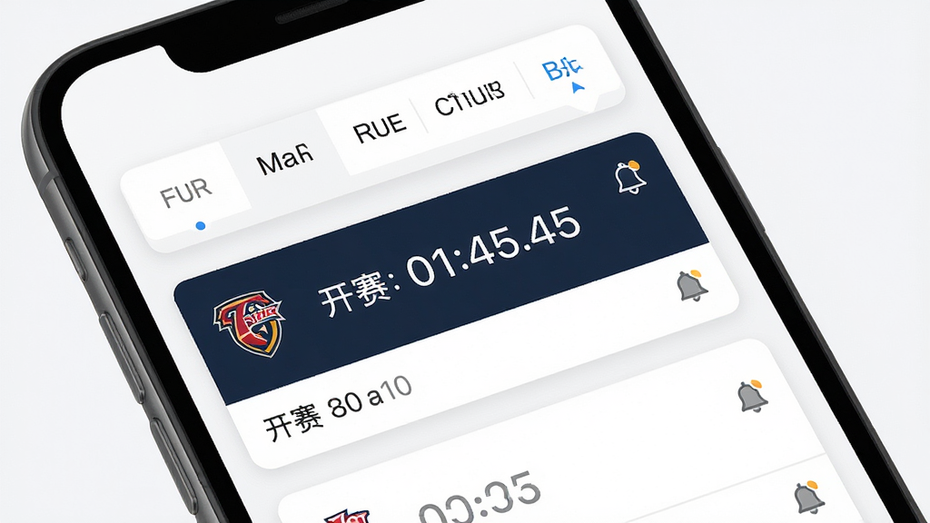 速球体育赛程订阅与提醒功能界面,主体为手机屏幕展示日历式赛程列表,布局上方为日期选择条下方为赛事卡片,排版清晰层级分明,风格为简约卡片式设计,细节包括球队徽标、开赛倒计时、铃铛提醒图标,画质高清干净无多余元素