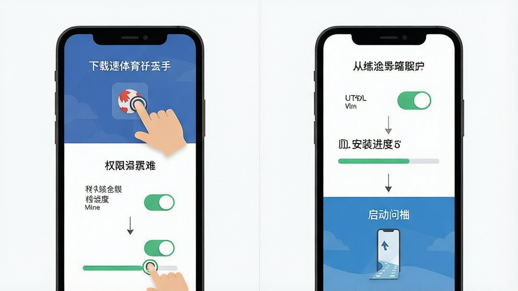 速球体育新手安装操作流程图,主体为手机屏幕展示安装步骤分屏画面,布局从上到下依次为下载页面、权限设置、安装进度、启动界面,排版采用纵向流程式,风格为扁平化教程风格,细节包括手指点击图标、权限开关、进度条,画质清晰干净无多余元素