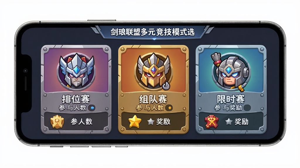 剑琅联盟多元竞技模式选择界面,主体为手机屏幕中横向排列的模式卡片,布局采用网格化设计,排版突出排位赛、组队赛与限时赛三种入口,风格为扁平化卡通与金属质感结合,细节包含模式图标、参与人数与奖励预览,画质清晰,干净利落,无多余装饰