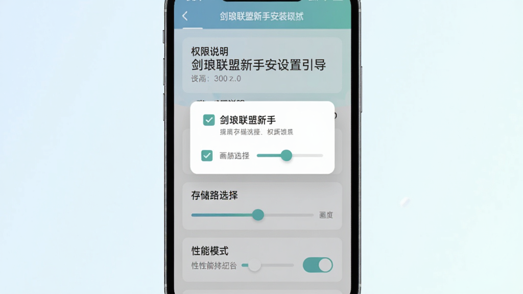 剑琅联盟新手安装设置引导界面,主体为手机屏幕中展示的权限请求弹窗与画质选择滑块,布局从上到下依次为权限说明、存储路径选择与性能模式切换,排版简洁明了,风格为现代扁平化与柔和蓝绿配色,细节包含勾选框、进度条与提示文字,画质清晰,干净整洁,无多余元素