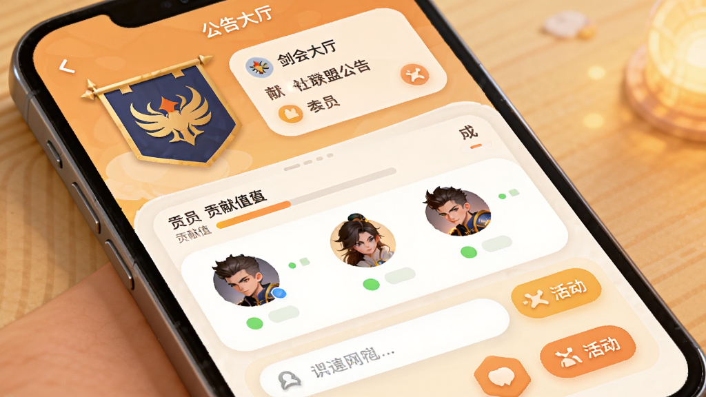 剑琅联盟公会社交界面,主体为手机屏幕中呈现的公会大厅与成员列表,布局上方为公会旗帜与公告、下方为成员头像与在线状态,排版规整,风格为温暖社区风与圆角卡片设计,细节包含贡献值进度、聊天输入框与活动入口,画质清晰,干净明亮,无多余元素