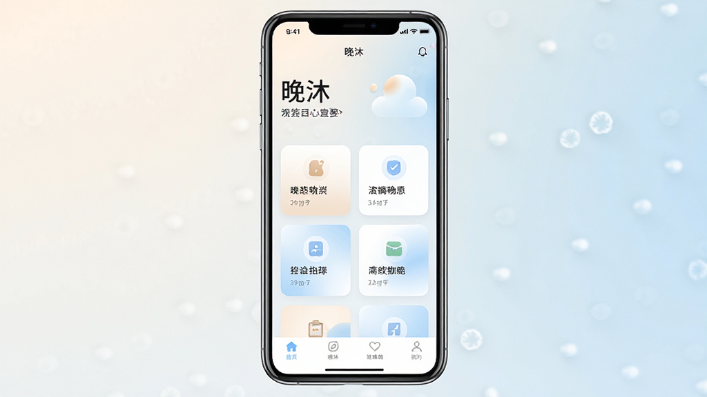 一张展示“晚沐”软件主界面的手机预览图,画面中央是一部竖屏智能手机,屏幕内显示“晚沐”应用首页,布局包含顶部问候语、中部功能卡片和底部导航栏,整体色调为柔和的暖白与浅蓝渐变,风格简约现代,细节清晰,画质干净无多余元素,适合软件下载站展示。