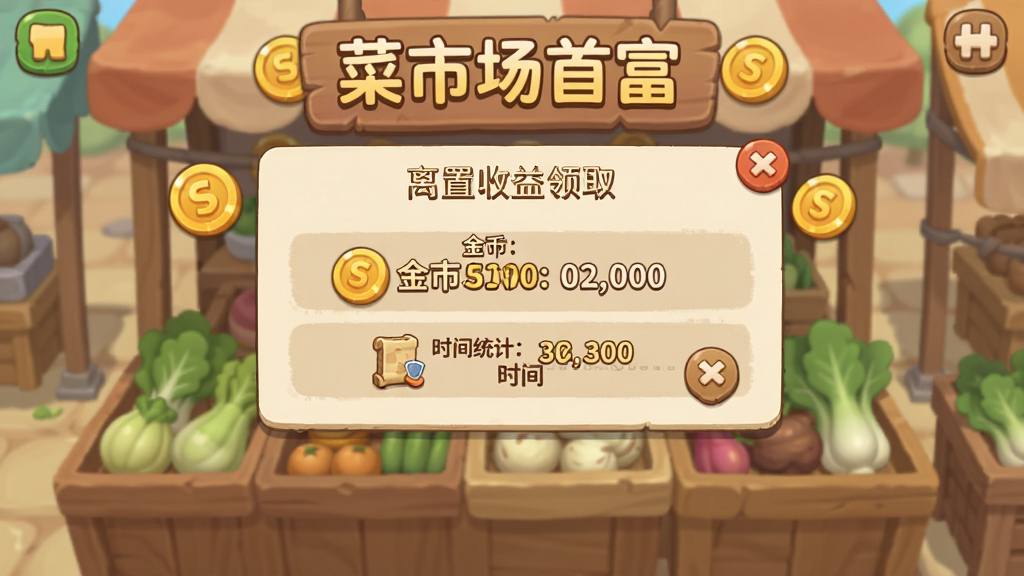 手游界面截图,展示放置收益领取弹窗,弹窗内显示离线期间获得的金币数量和时间统计,背景是菜市场摊位场景,画面中有
